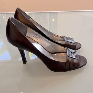 Calvin Klein “Katell” open toe pumps 9.5 brown 3.75” heel